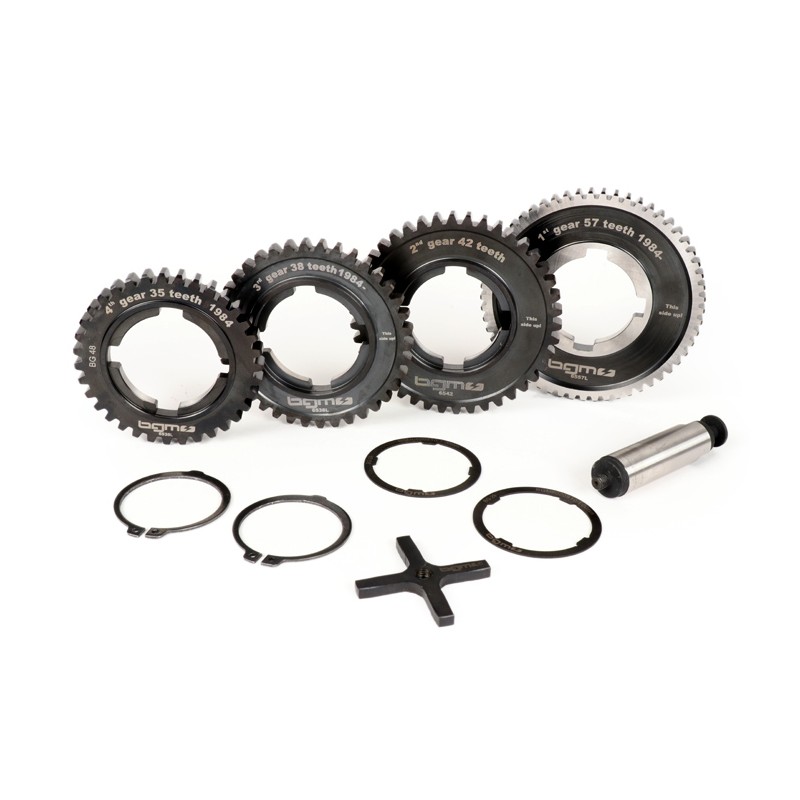 Piñones Caja de Cambio BGM PRO 1ª, 2ª, 3ª y 4ª Velocidad 57-42-38-35 Vespa PX Disco 200, TX, IRIS 200