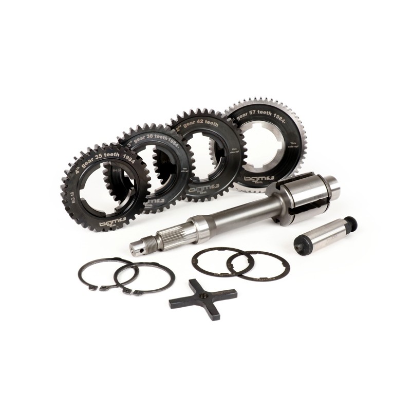 Eje Rueda Trasera con Piñones Caja de Cambio BGM PRO 1ª, 2ª, 3ª y 4ª Velocidad 57-42-38-35 Vespa PX Disco 200, TX, IRIS 200