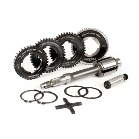 Eje Rueda Trasera con Piñones Caja de Cambio BGM PRO 1ª, 2ª, 3ª y 4ª Velocidad 57-42-38-35 Vespa PX Disco 200, TX, IRIS 200