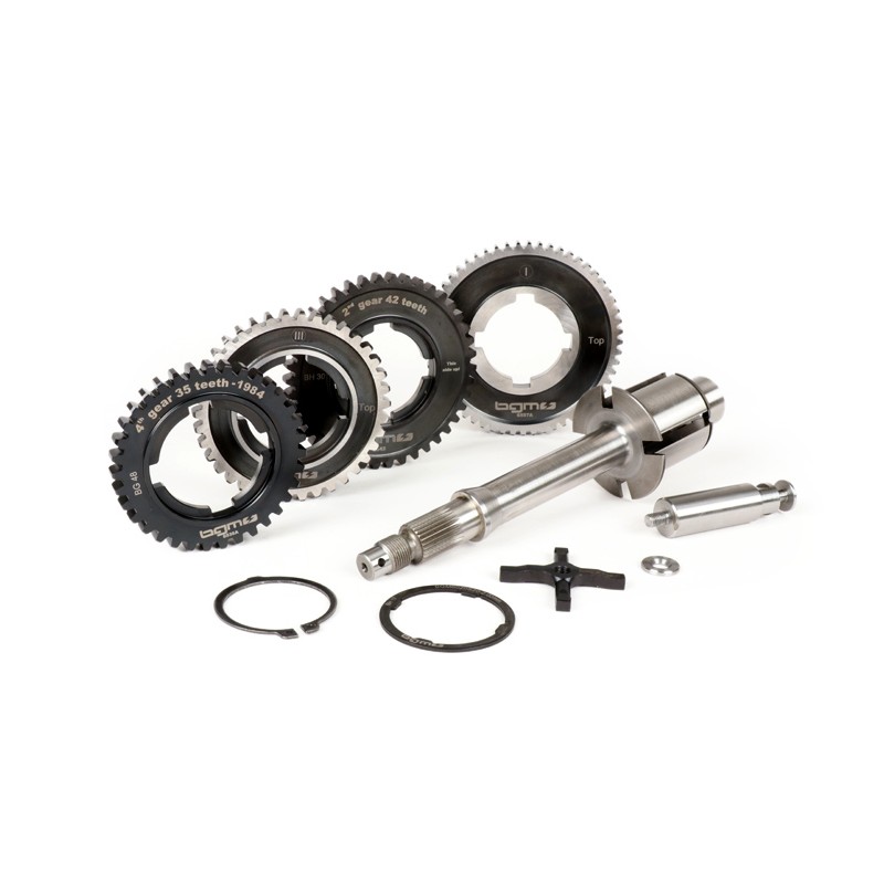 Eje Rueda Trasera con Piñones Caja de Cambio BGM PRO 1ª, 2ª, 3ª y 4ª Velocidad 57-42-38-35 Vespa DN, DS