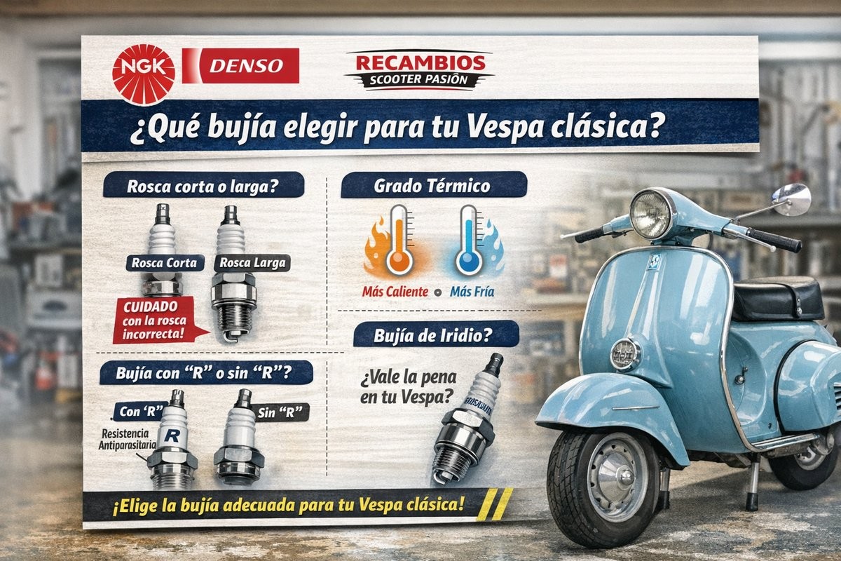 Qué bujía elegir para tu Vespa clásica: rosca corta o larga, grado térmico, “R” e iridio